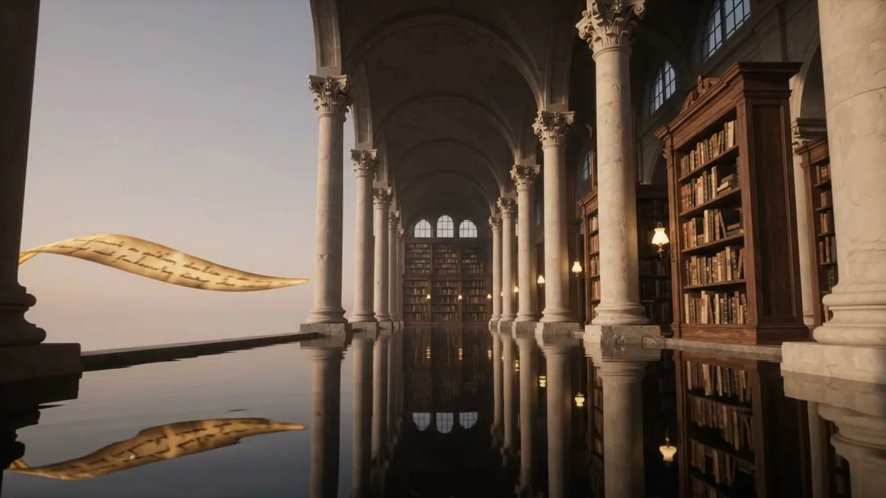 A ribbon of golden handwritten script drifts through a colonnaded library hall above a mirror-still pond, turning into bookshelves.