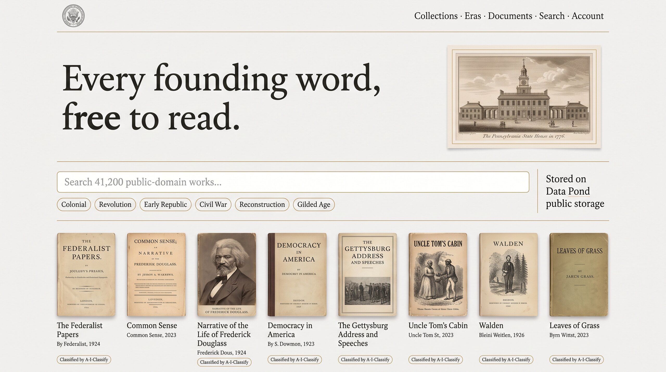 Upcoming design: the home page of The American History Public Library, with the headline “Every founding word, free to read.”, a search field, era filters and a row of public-domain book covers.