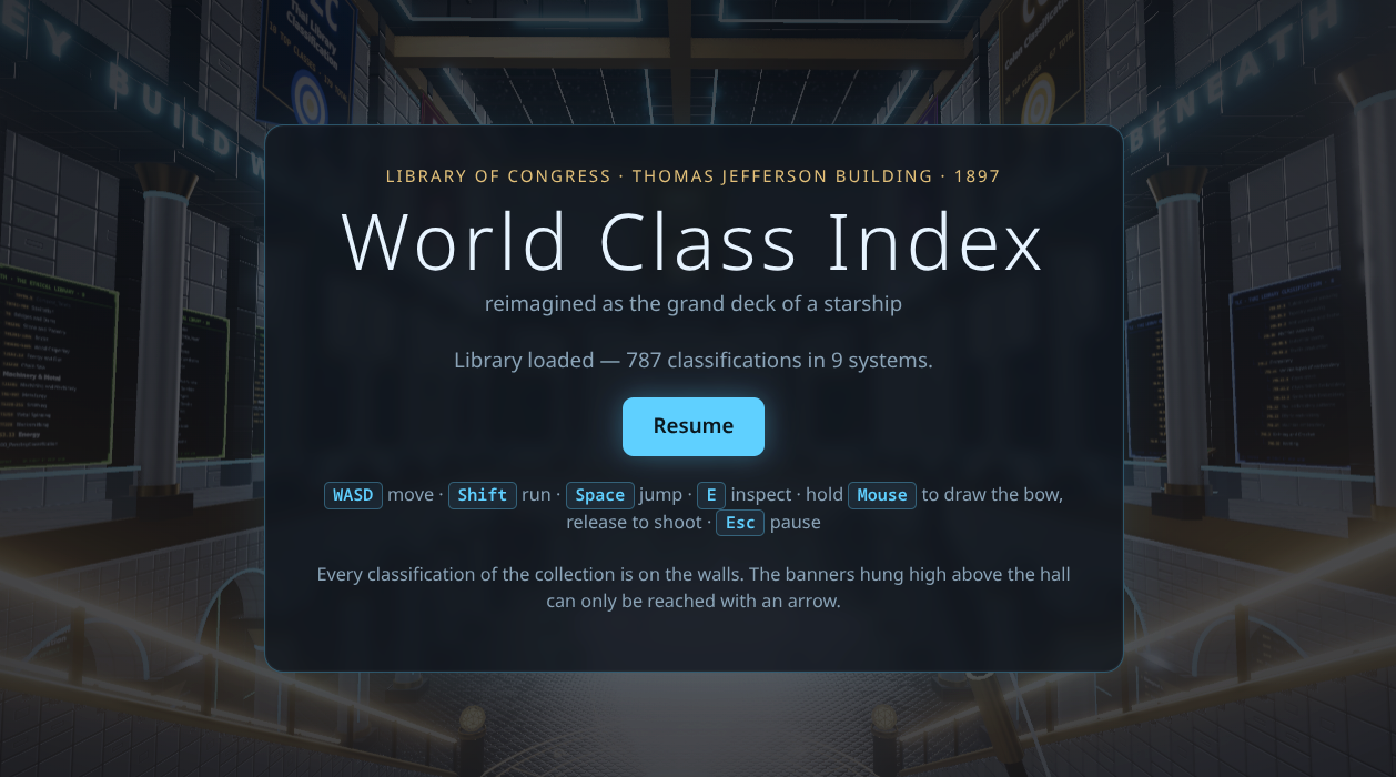 The live 3D demo’s start screen: the World Class Index card over a glowing, starship-styled hall of the Library of Congress, reading “Library loaded — 787 classifications in 9 systems.”