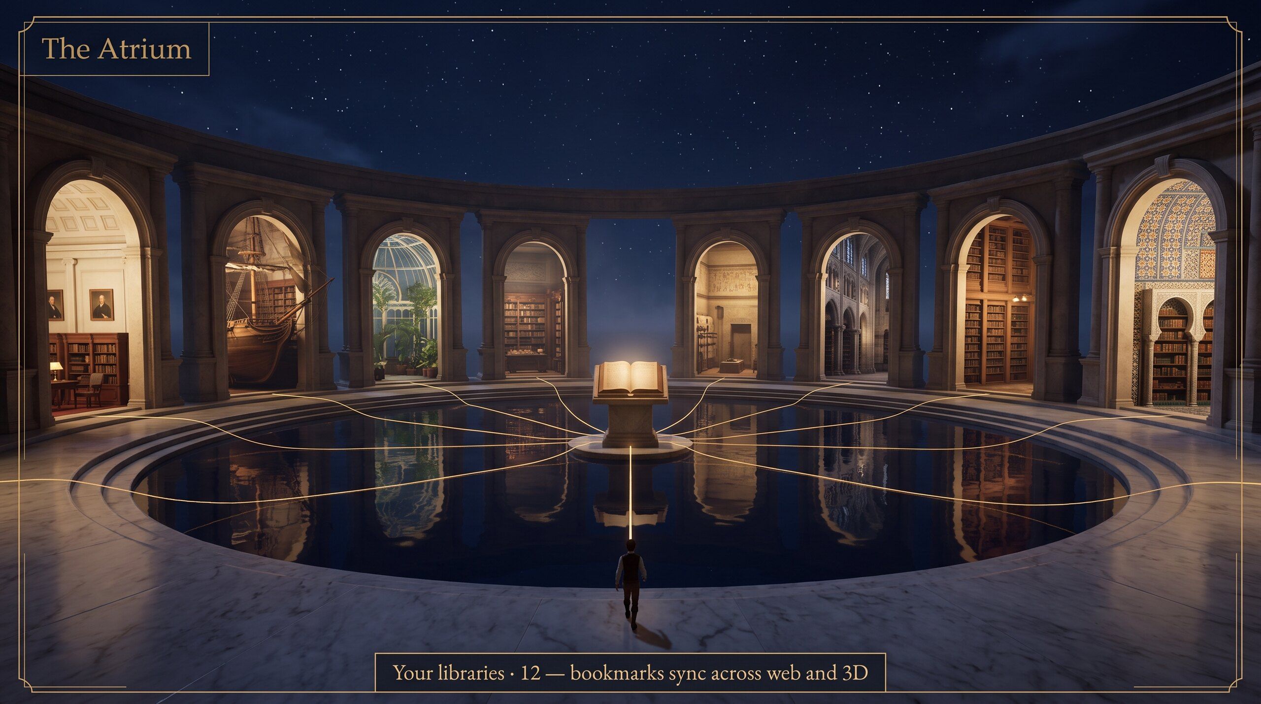 Upcoming design: the Atrium, a circular marble plaza under a night sky ringed by archways into themed libraries, with lines of gold light converging on a central pedestal.