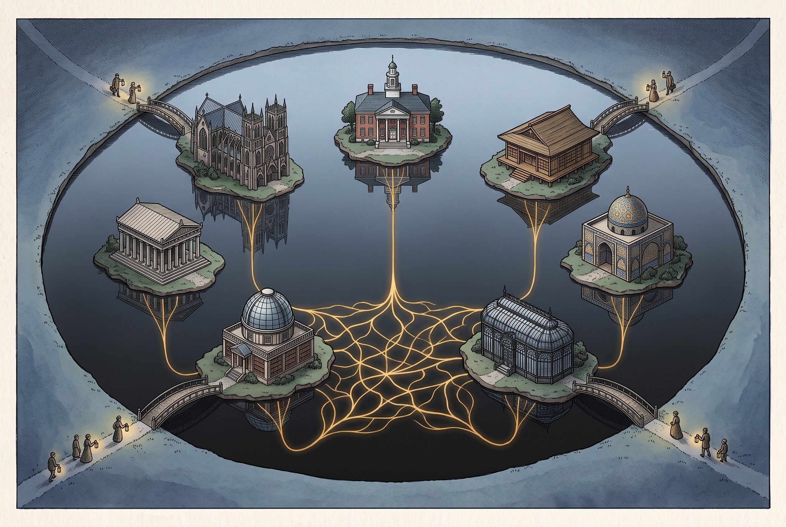 Engraving of seven small library islands floating on one dark pond, their roots of gold light joining into a single shared lattice beneath the water.