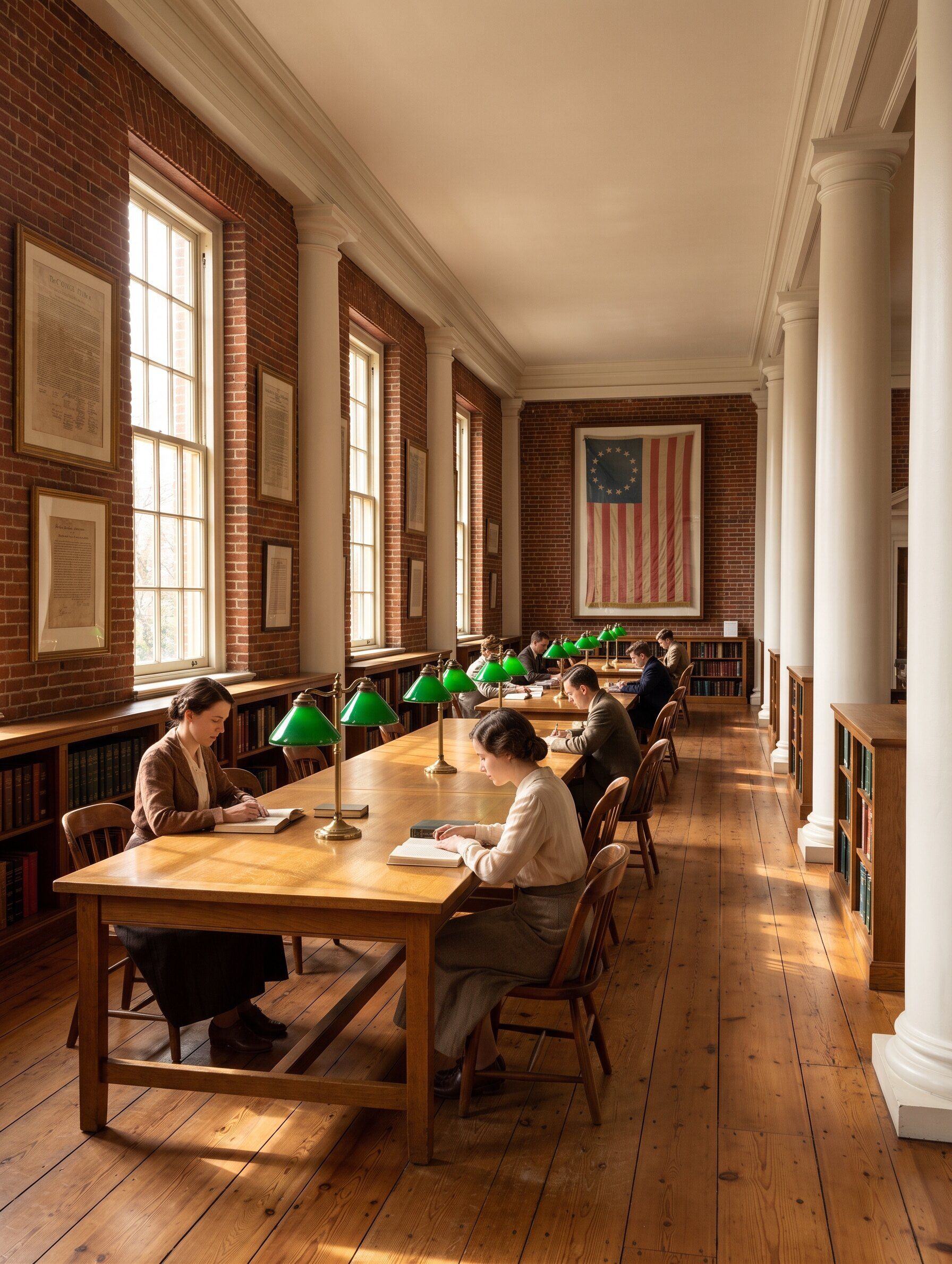 A Federal-style reading room with white columns, red-brick walls, green banker’s lamps and a thirteen-star flag at the far end.