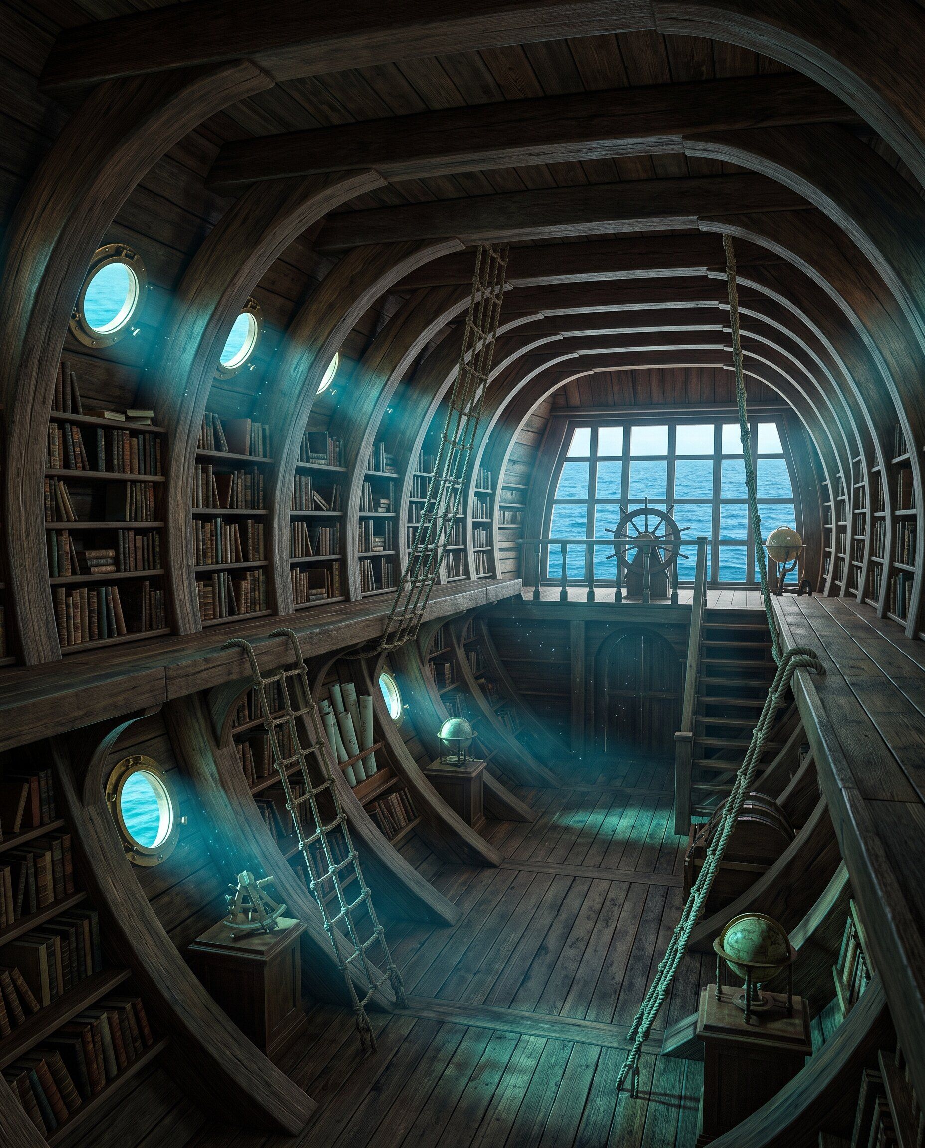 A library inside the wooden hull of a tall ship, with portholes casting sea light across curved bookshelves and a ship’s wheel before the stern window.