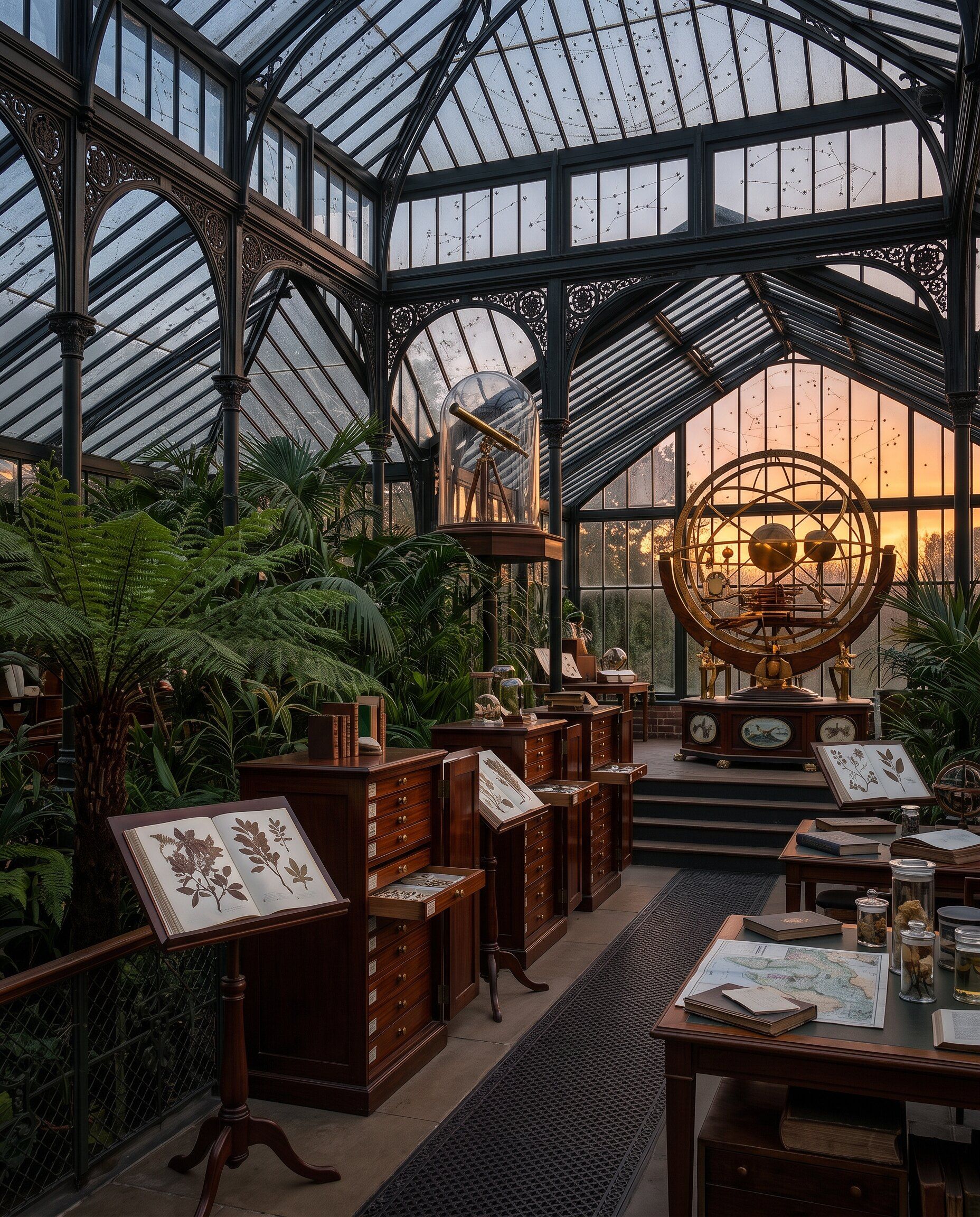 A Victorian glass conservatory filled with ferns, specimen cabinets and folios on lecterns, with a brass orrery at the back.