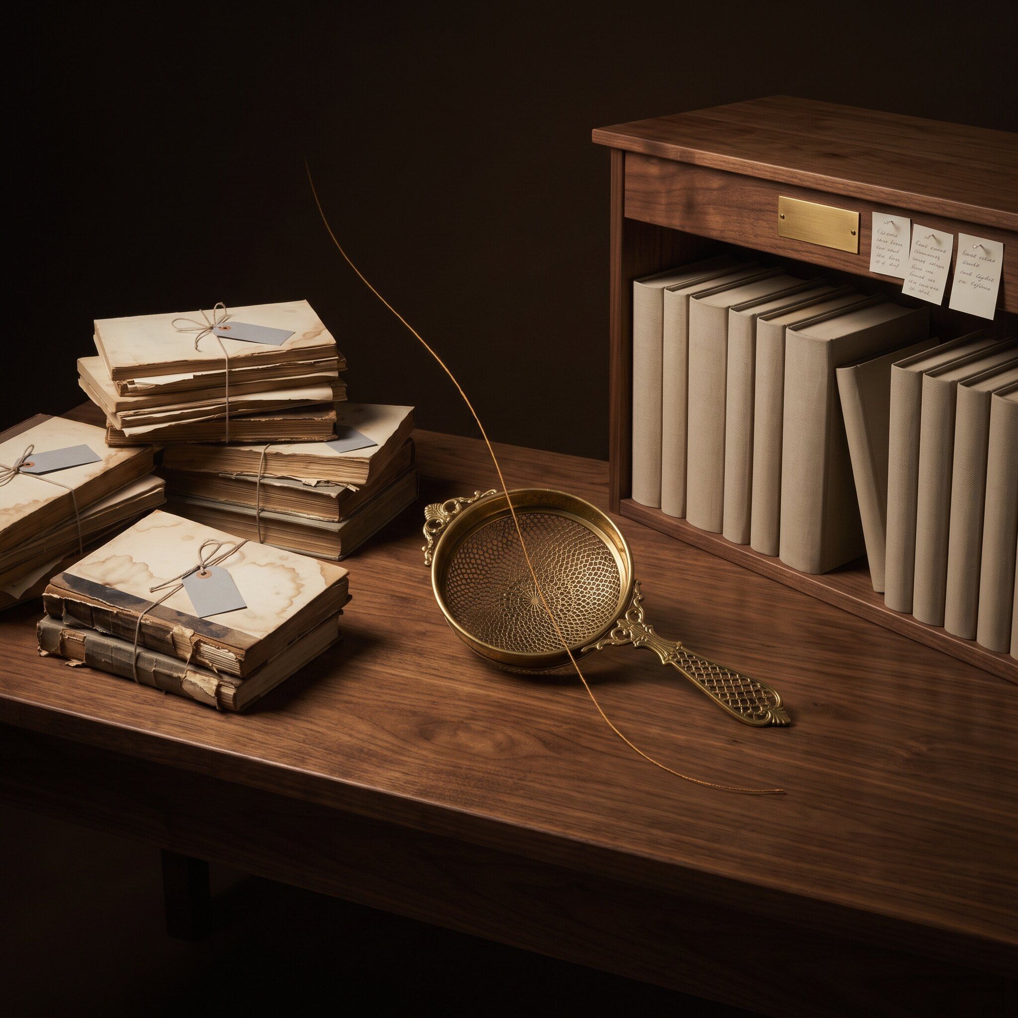 Rejected, string-tied books on a walnut table beside a brass sieve; a thread of gold leads to the same books restored on a new bookcase.